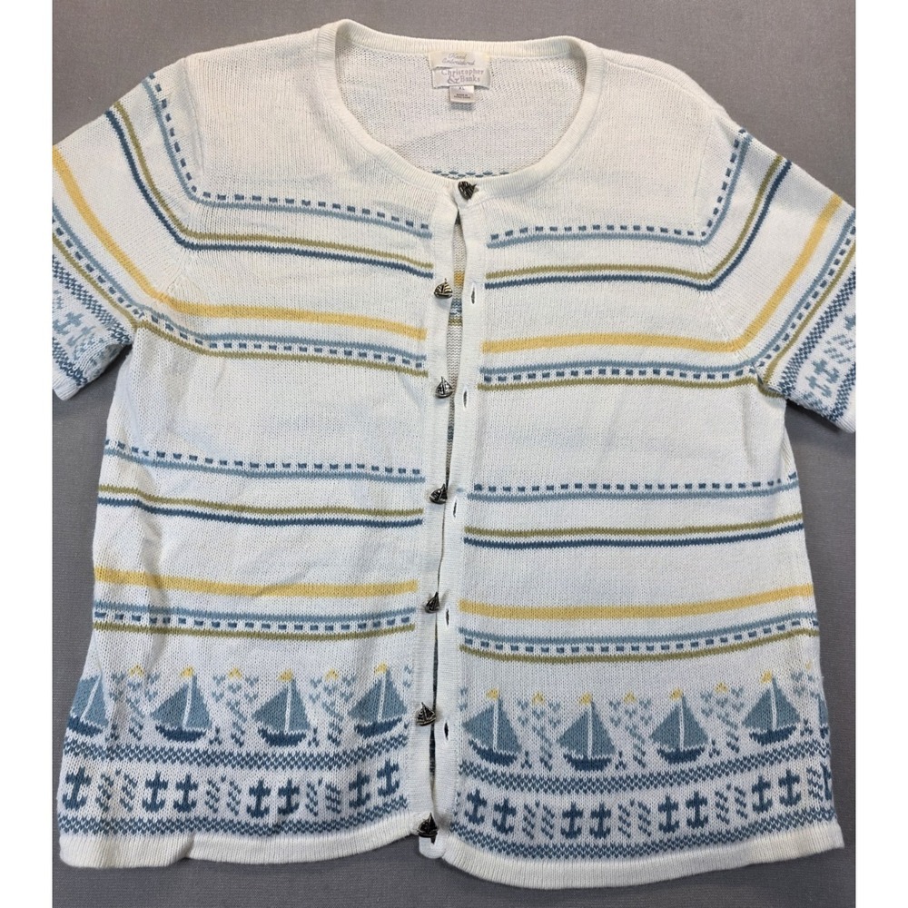 Womens Vintage Cardigan XL Short Sleeve‎ Lightweight Hand Embroidered Sail Boats